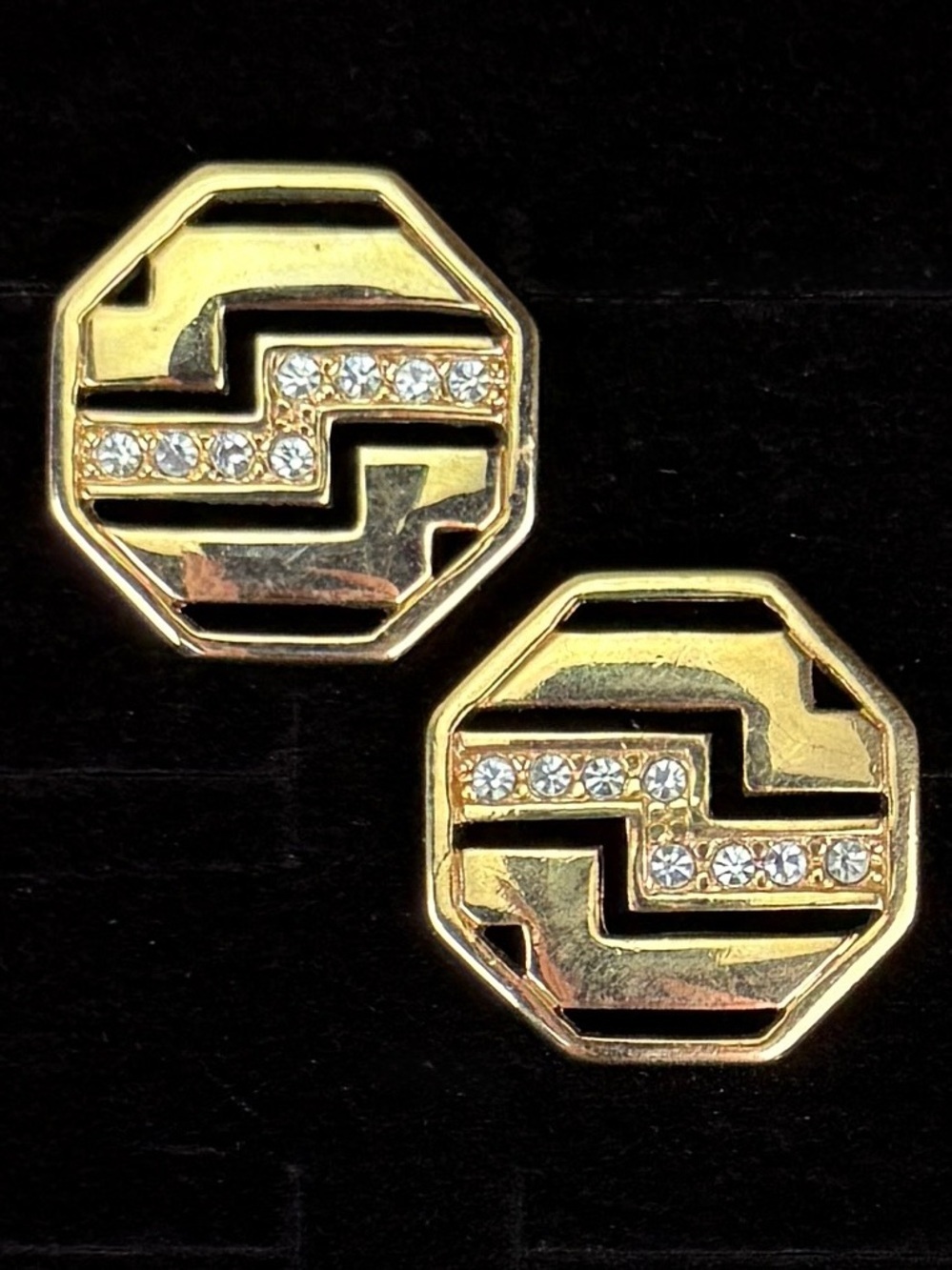 Vintage Avon, aged goldtone, clear bling, pierced earrings